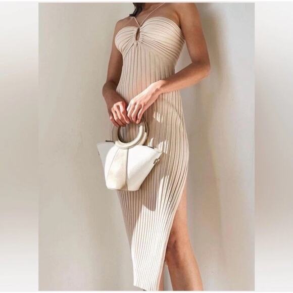 Meshki Lori Ruched Front Ribbed Knit Midi Dress Open Back Tan Small New Ac21 - Picture 1 of 11